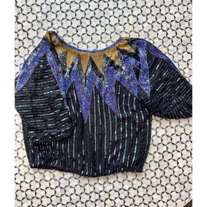 Vintage Jean For Joseph Le Bon 100% Silk Beaded & Sequined Top Size S Black/Gold